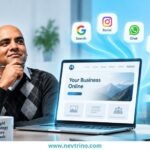 Digital marketing strategy showing a business website connecting with search, social media, calls, maps, and messaging to generate leads.