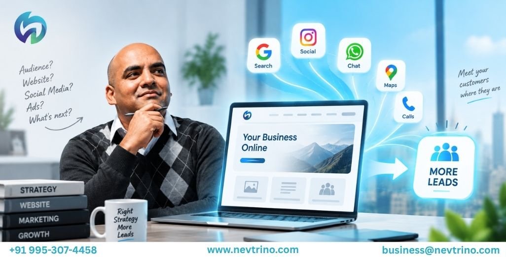 Digital marketing strategy showing a business website connecting with search, social media, calls, maps, and messaging to generate leads.
