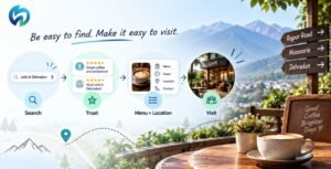 Customer journey from finding a Dehradun cafe on Google to checking reviews, menu and location before visiting