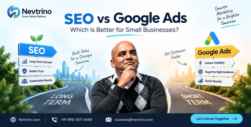 SEO vs Google Ads comparison showing long-term organic growth and faster paid visibility for small businesses
