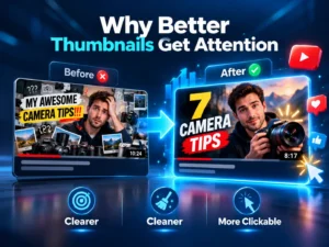 Before and after comparison showing a cluttered YouTube thumbnail redesigned into a simpler, clearer thumbnail.