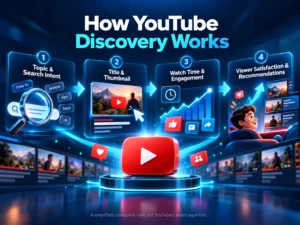 Illustration of how video topics, thumbnails, viewer engagement, and satisfaction influence YouTube discovery.