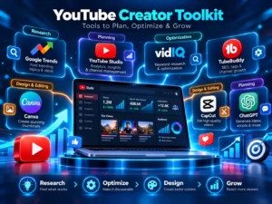 YouTube creator toolkit showing YouTube Studio, vidIQ, TubeBuddy, Google Trends, Canva, CapCut and ChatGPT.