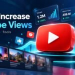 YouTube play button with rising views and analytics graphics illustrating ways to grow a YouTube channel.