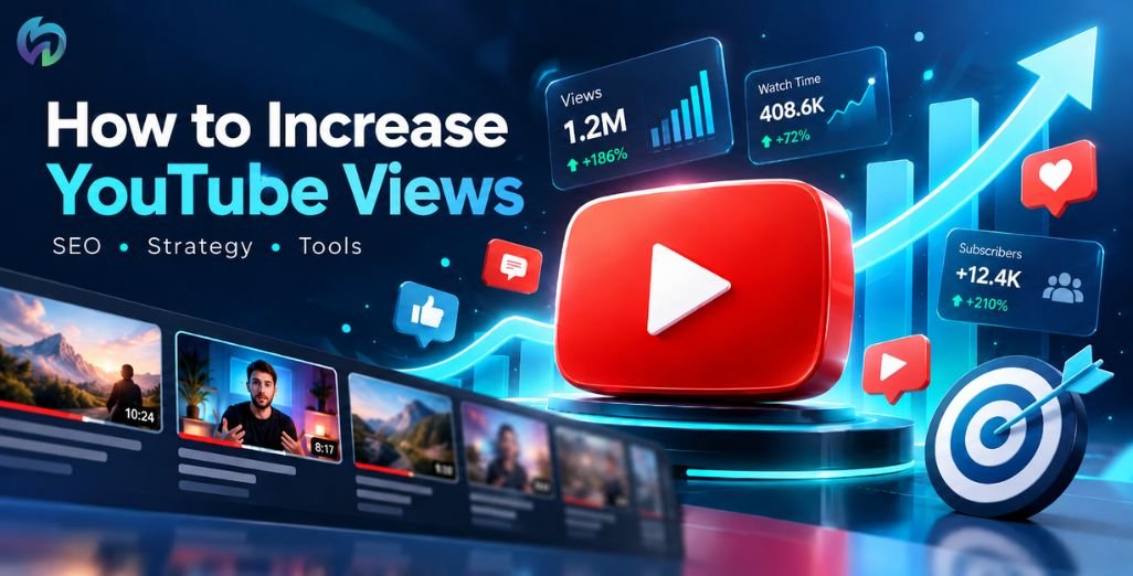 YouTube play button with rising views and analytics graphics illustrating ways to grow a YouTube channel.